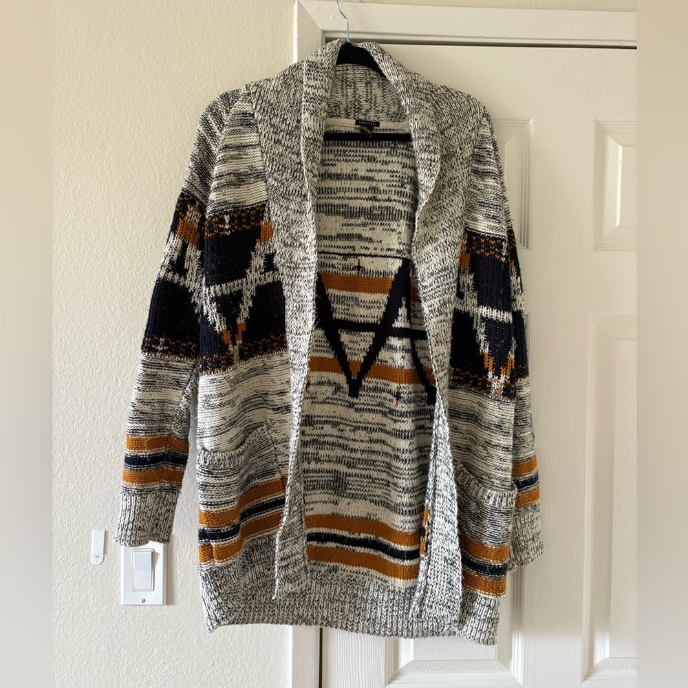 Forever 21 Geometric Knit Cardigan - Black, White, Brown